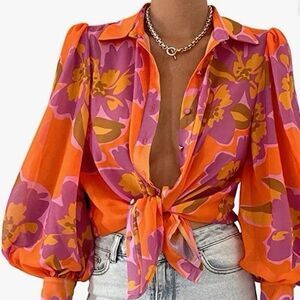 Women Puff Lg Sleeve Blouse Cover Up Beach Shirt Bathing Suit Button Down Collar